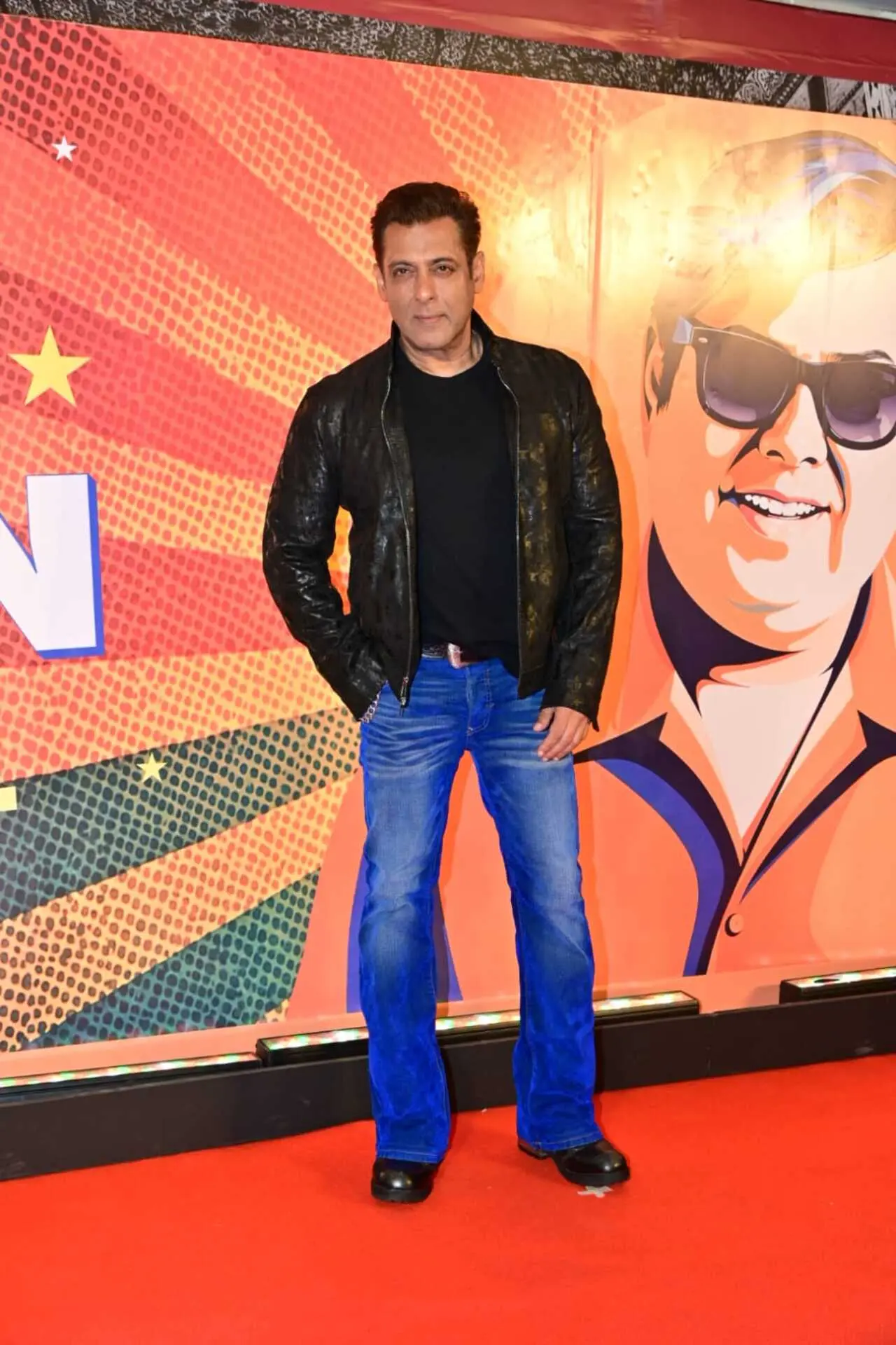 Salman Khan looked dapper in a black jacket over a black t-shirt and blue denims as he arrived for an event celebrating David Dhawan's journey. Salman Khan looked dapper in a black jacket over a black t-shirt and blue denims as he arrived for an event celebrating David Dhawan's journey.